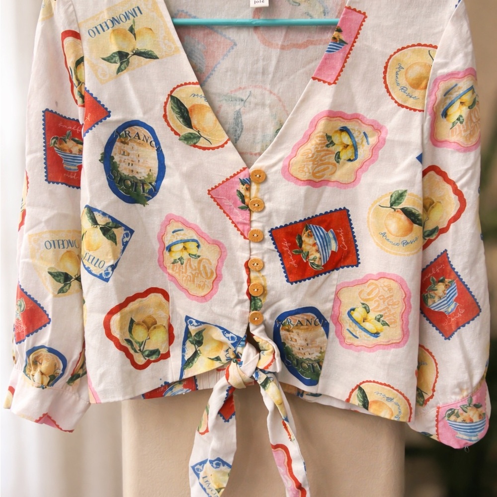 Joie White Tie-Front Blouse with Multi-Color Stamp Print